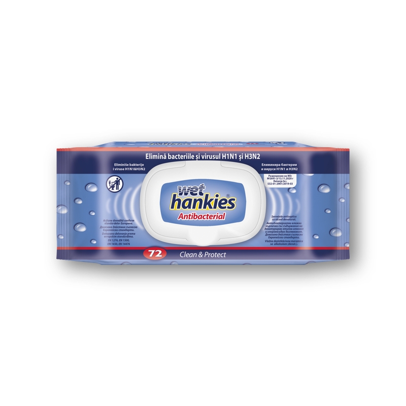 WET HANKIES CLEAN  Антибактериални мокри кърпички за ръце, 72 бр.