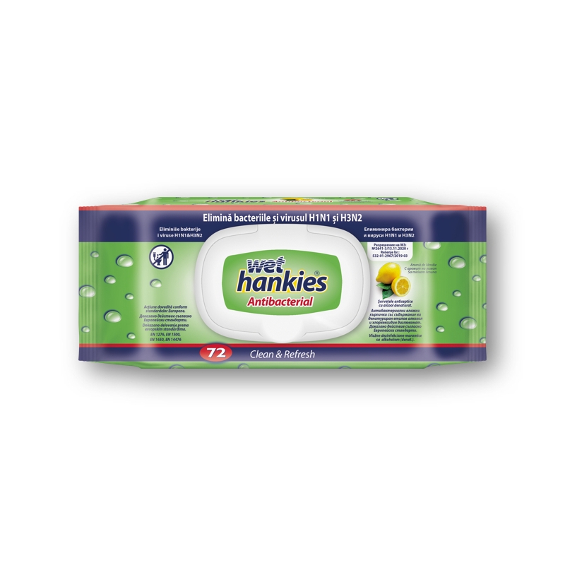 WET HANKIES LEMON Антибактериални мокри кърпички за ръце, 72 бр.