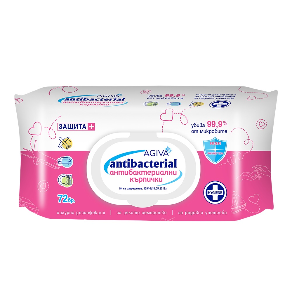 AGIVA ANTIBACTERIAL Мокри кърпи розови с капак, 72 бр.
