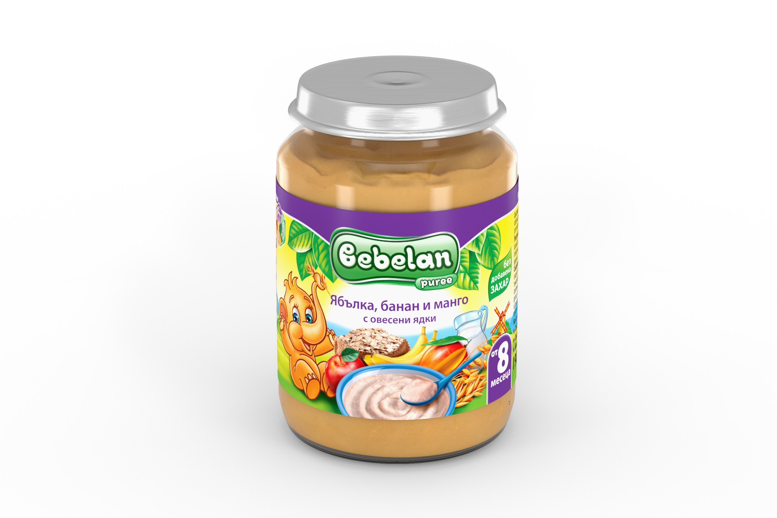 BEBELAN Пюре млечна каша ябълки, банани и манго с овесени ядки, от 8-я мес, 190 г