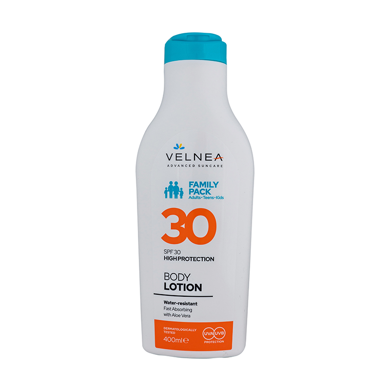 VELNEA SUN CARE Слънцезащитен лосион за тяло за цялото семейство SPF 30, 400 мл