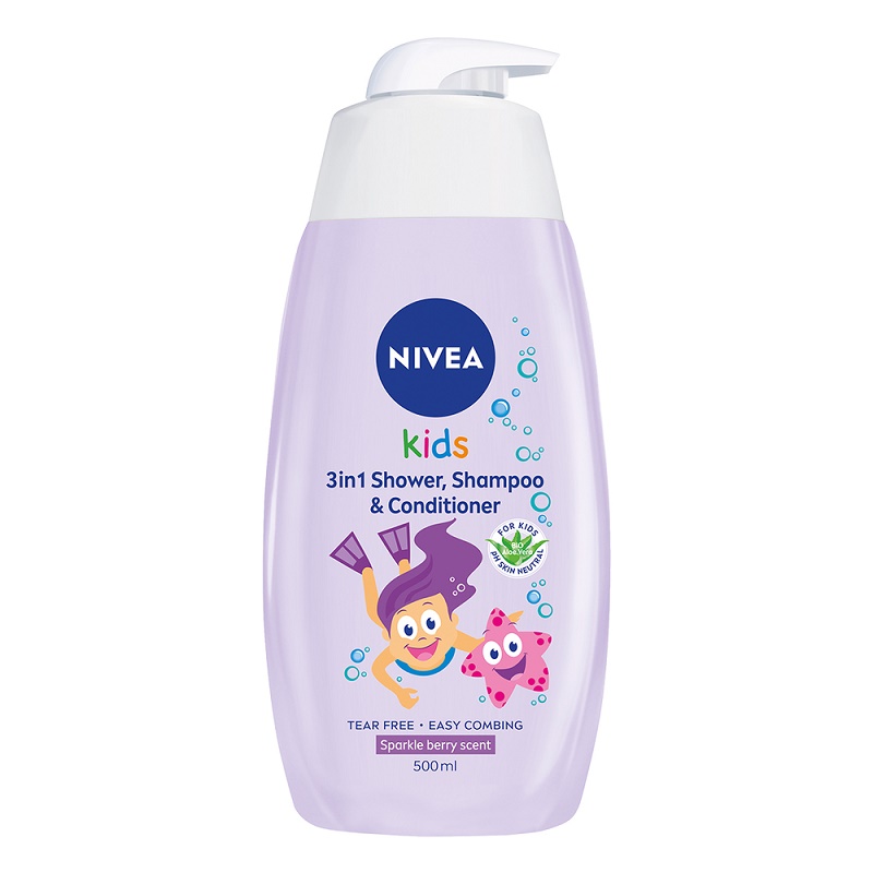 NIVEA KIDS SPARKLE BERRY Детски 3 в 1 душ гел, шампоан и балсам,500мл