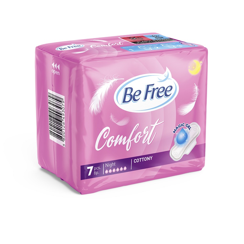 BE FREE COMFORT Дамски нощни превръзки с памучно покритие, 7 бр.