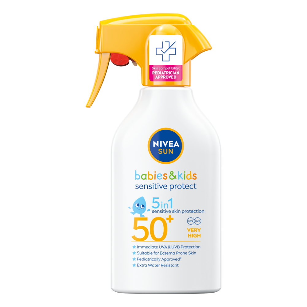 NIVEA SUN Детски слънцезащитен спрей-помпа за чувствителна кожа SPF 50+, 270 мл