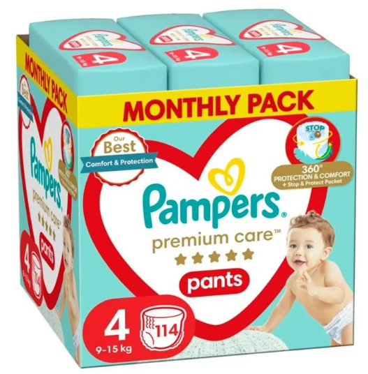 PAMPERS Premium Care Pants Пелени-гащички Размер 4, 9-15 кг, 114 бр.