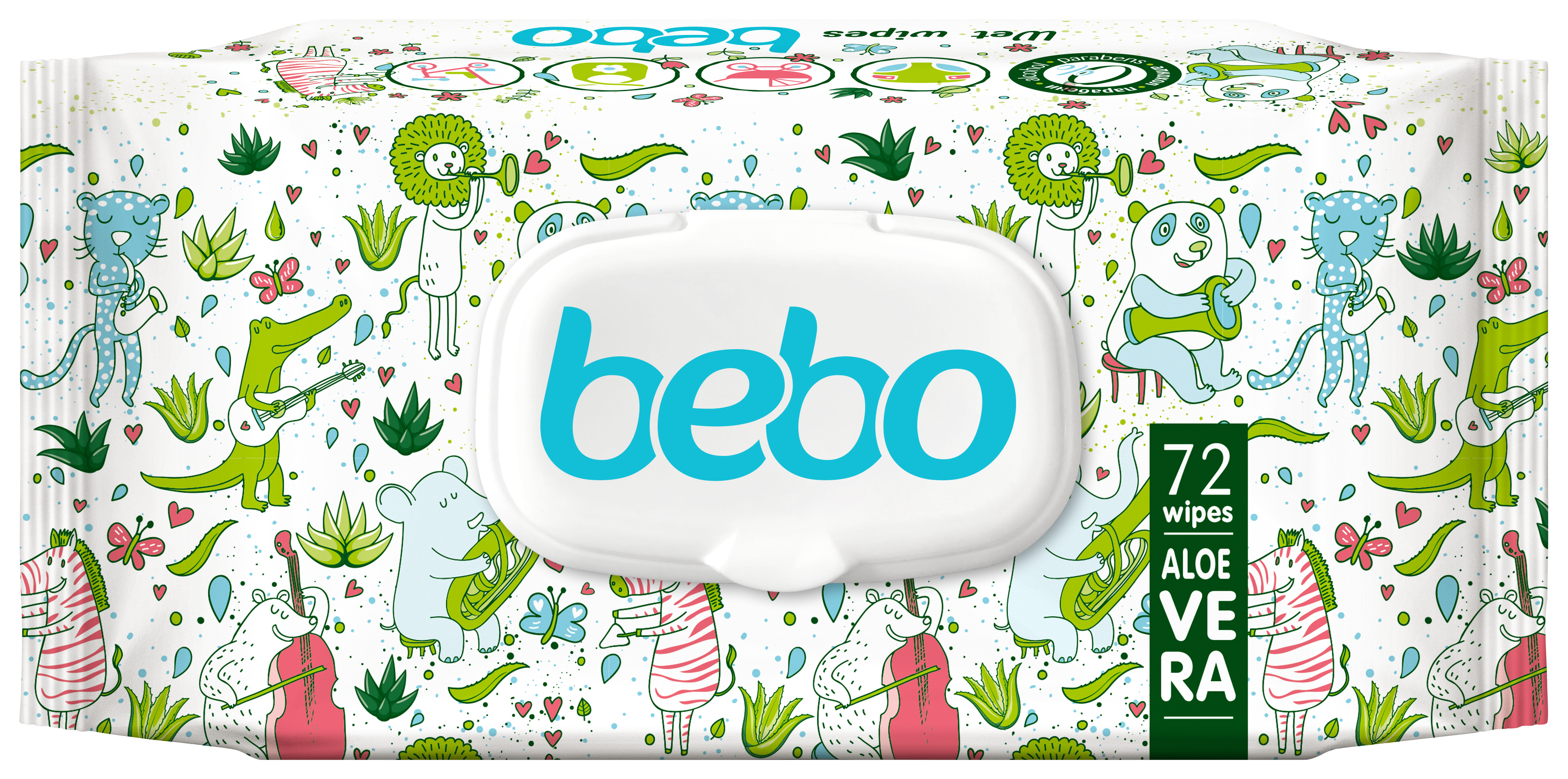 BEBO Влажни кърпички с екстракт от алое вера с капак, 72бр
