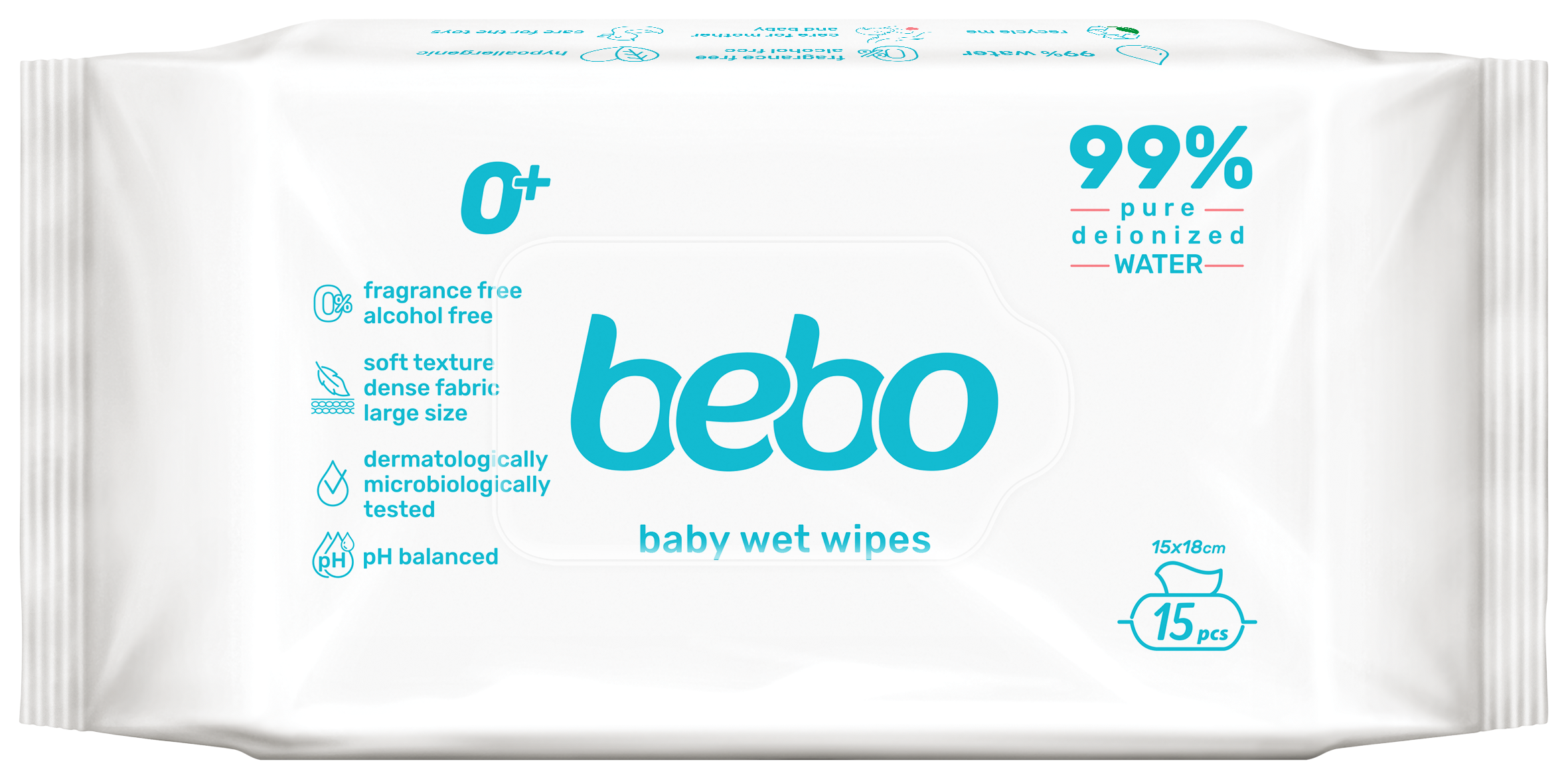 BEBO Мокри кърпички с 99% Чиста вода, 15бр
