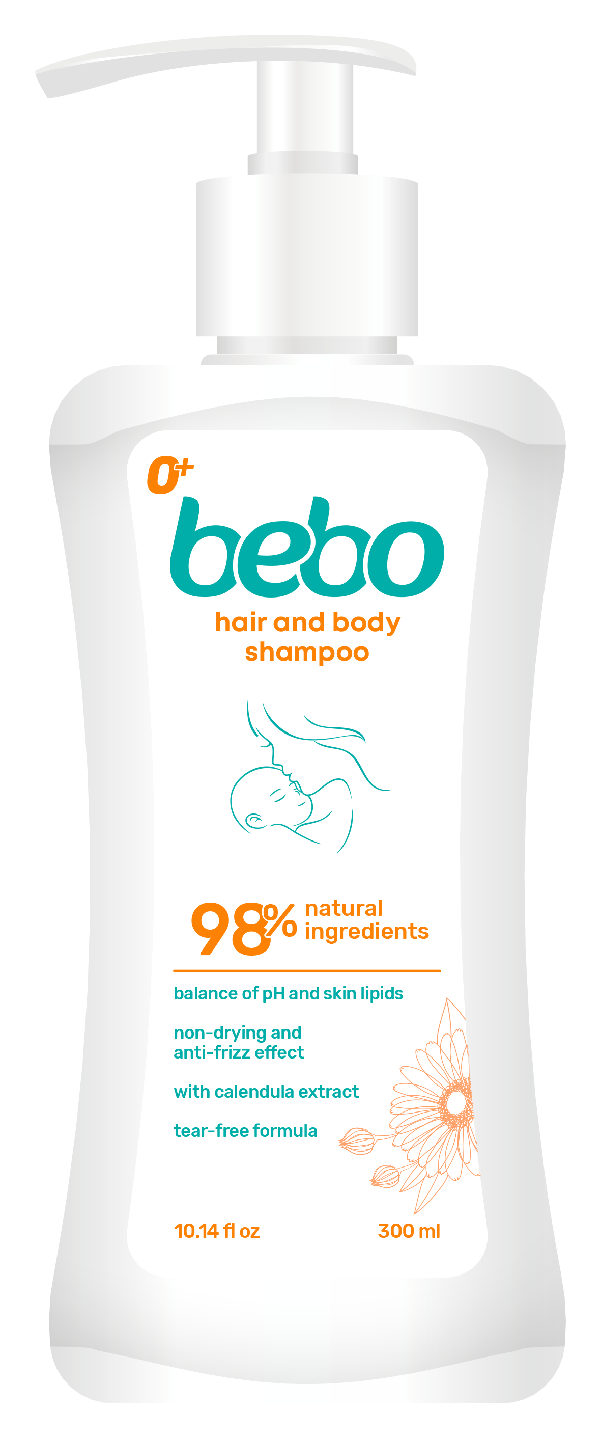 BEBO Бебешки шампоан за коса и тяло с помпа 98% натурален, 300мл