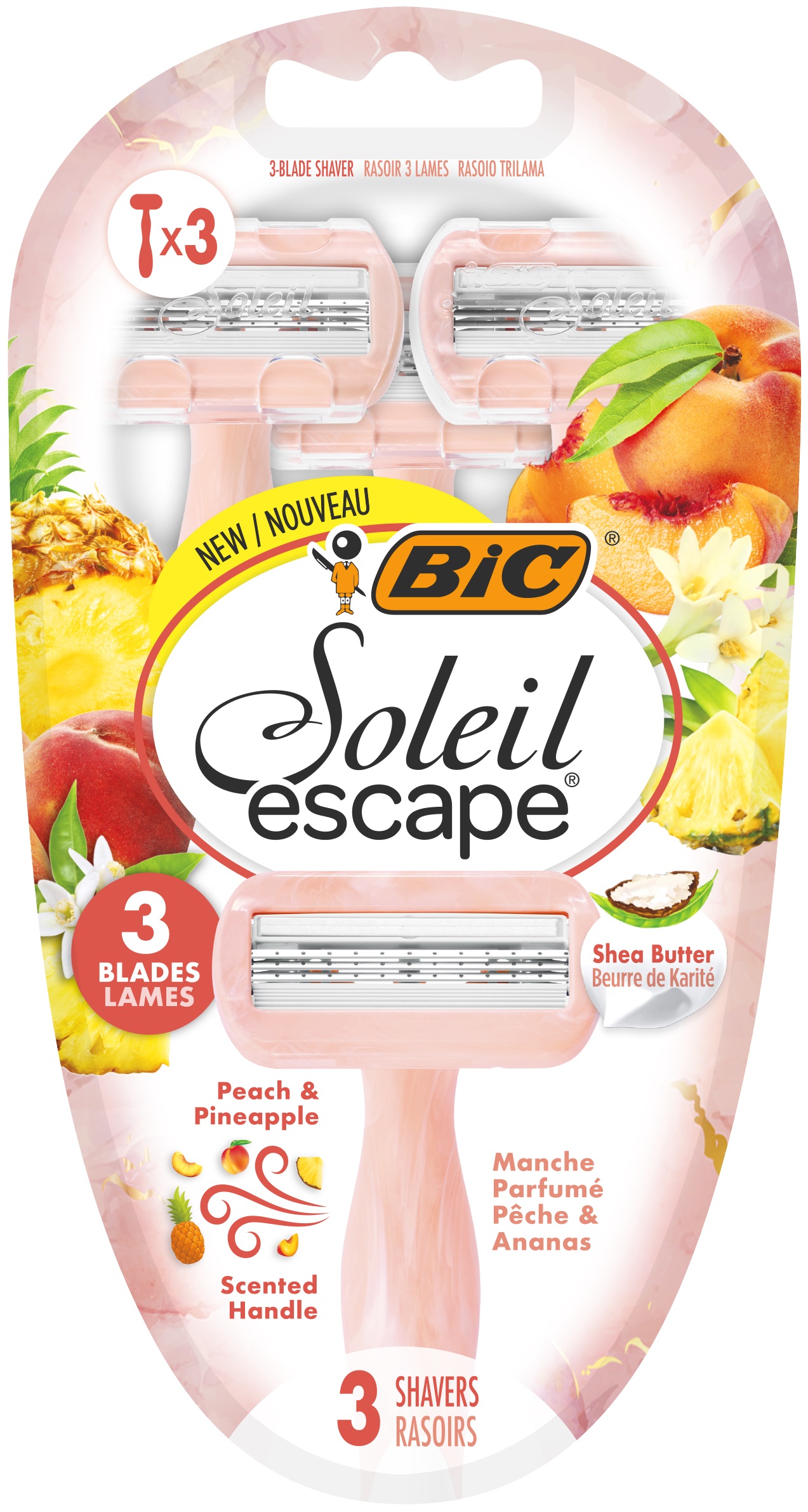 BIC SOLEIL ESCAPE 3 Дамска еднократна самобръсначка праскова&ананас, 3 бр/оп.