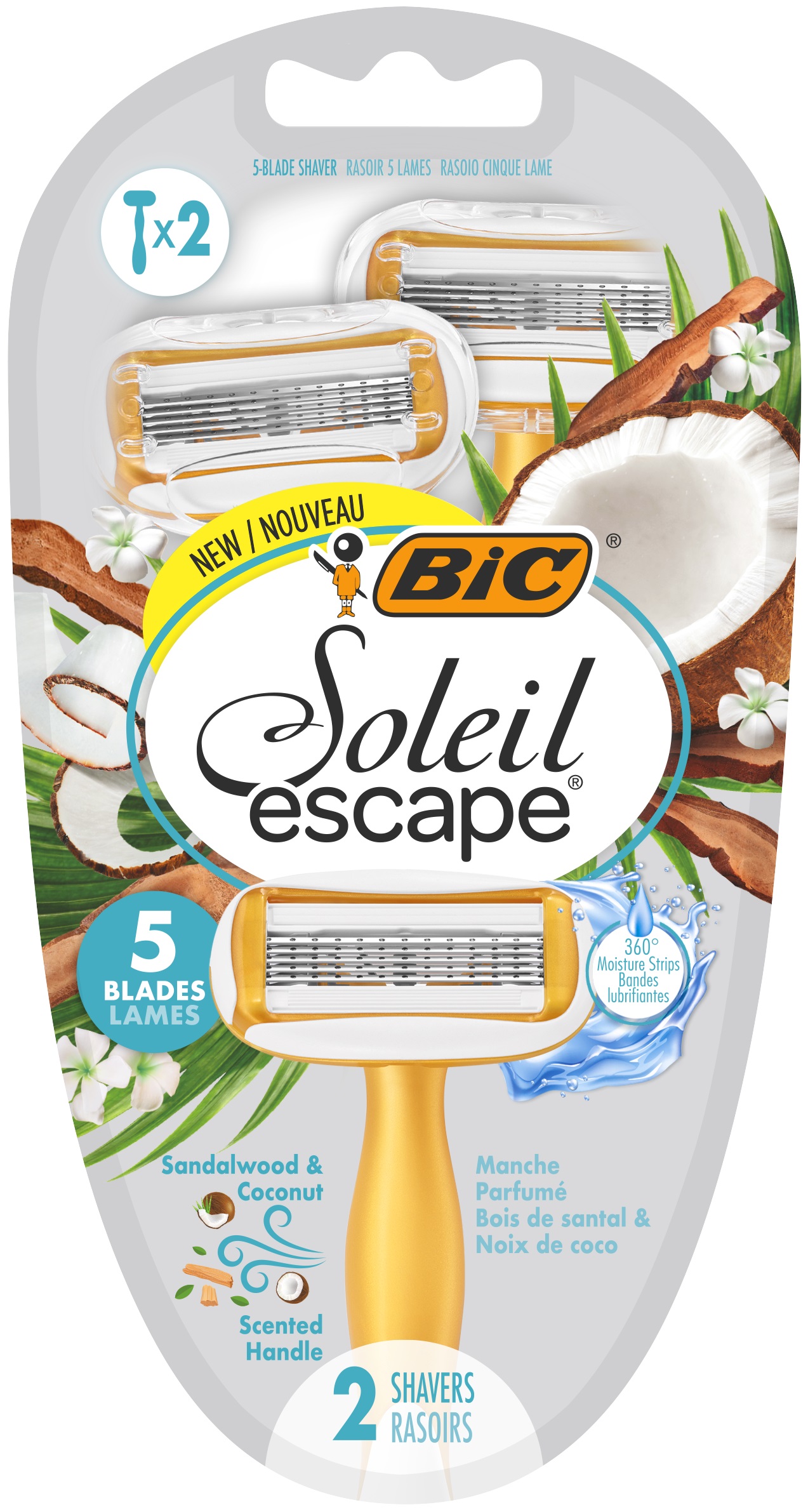 BIC SOLEL ESCAPE 5 Дамска еднократна самобръсначка кокос& сандалово дърво, 2 бр./оп.