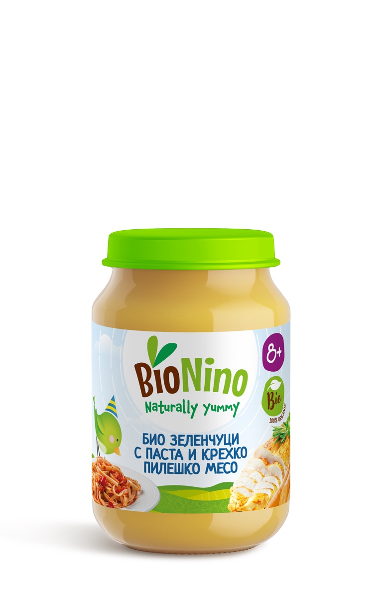 BIONINO 2331 Био пюре зеленчуци с паста и пилешко месо, 8+М 190ГР 