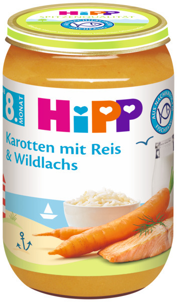 HIPP Пюре Моркови, ориз и дива сьомга 8+ месеца 6535, 220 г 
