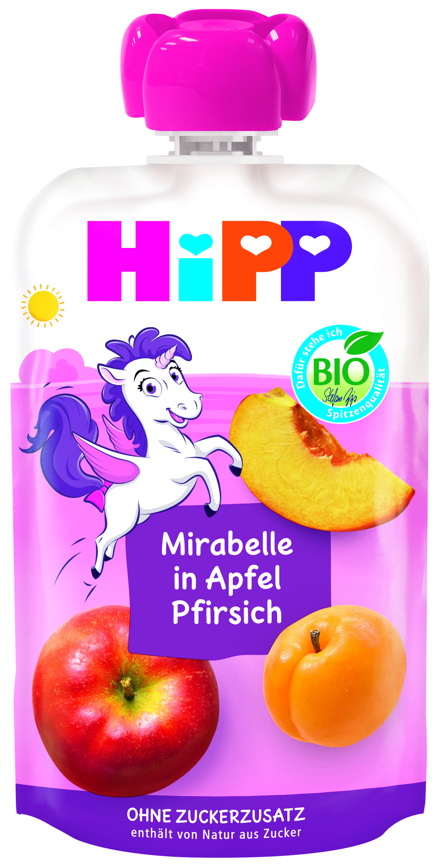 HIPP HIPPIS Био Плодова закуска пауч Слива, ябълка и праскова 12+ месеца, 100 г
