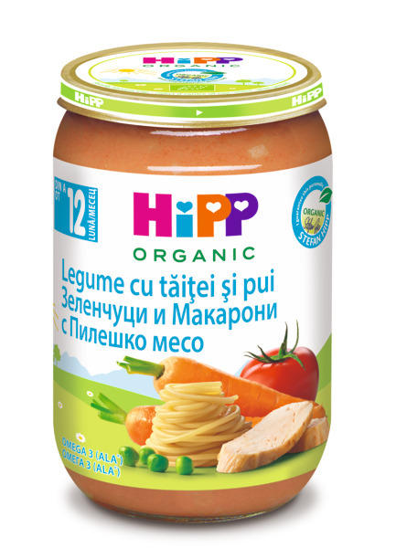 HIPP BIO Пюре Зеленчуци и макарони с пилешко месо 12+месеца 6803, 220 г