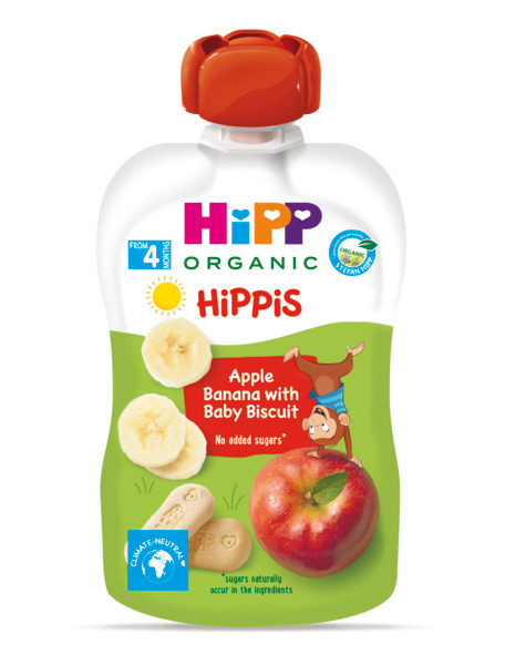 HIPP HIPPIS Био Плодова закуска пауч Ябълка, банан и бисквити 4+ месеца, 100 г