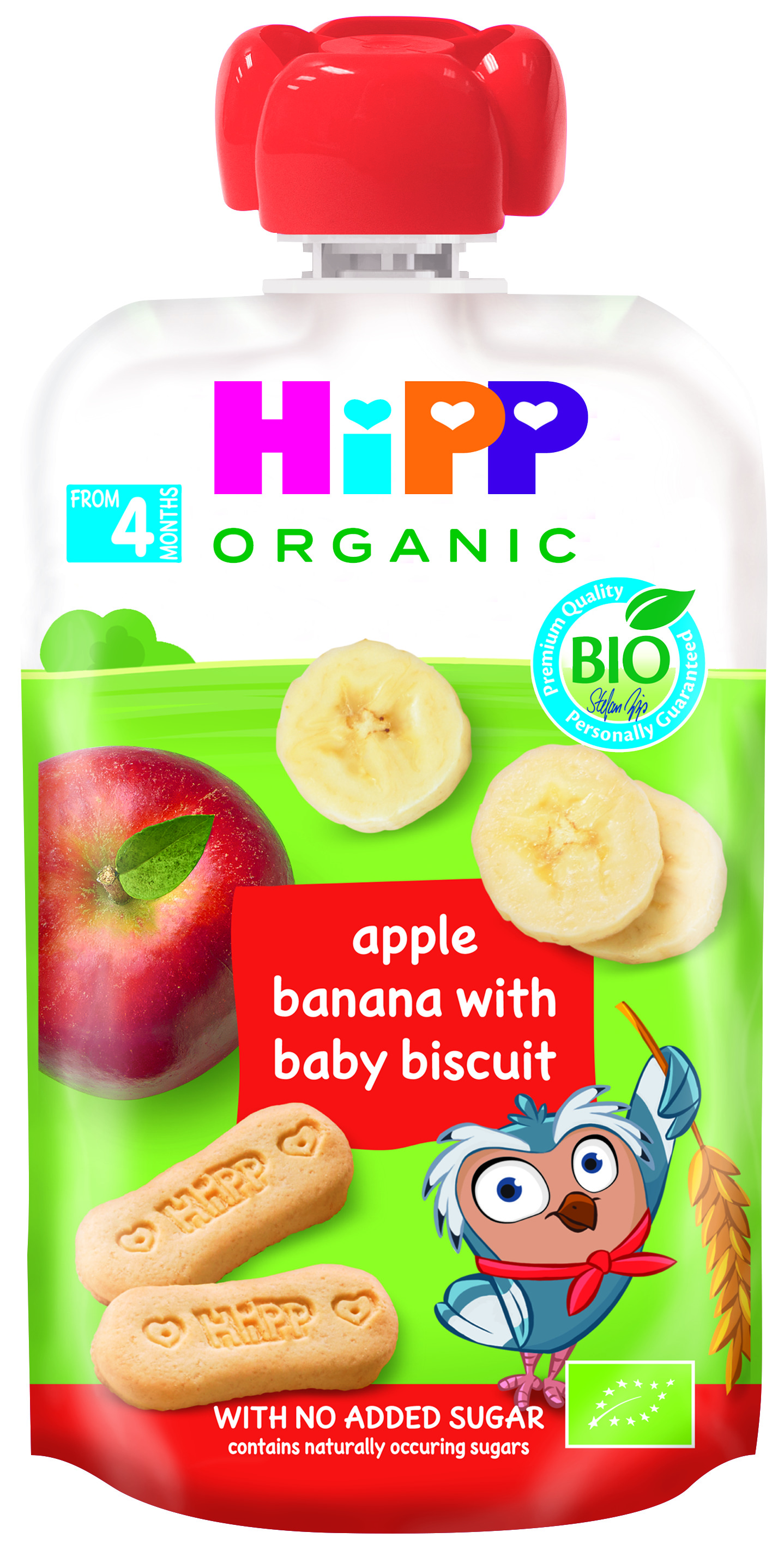 HIPP HIPPIS Био Плодова закуска пауч Ябълка, банан и бисквити 4+ месеца, 100 г
