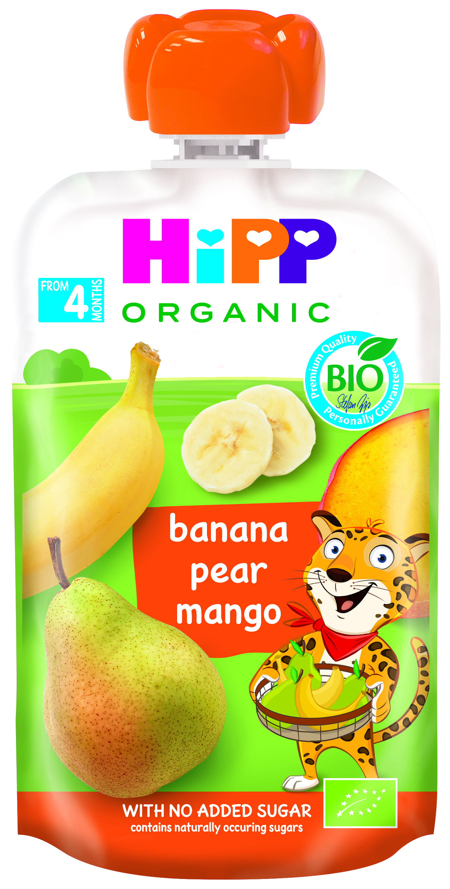 HIPP HIPPIS Био Плодова закуска пауч Банан, круша и манго 4+ месеца, 100 г