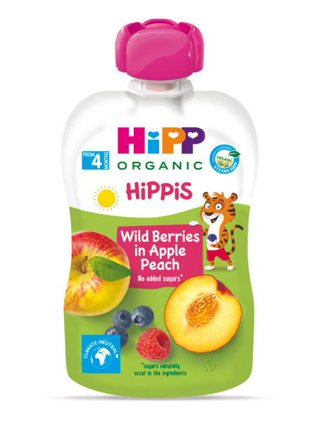 HIPP HIPPIS Био Плодова закуска пауч Горски плод, ябълка и праскова 4+ месеца, 100 г