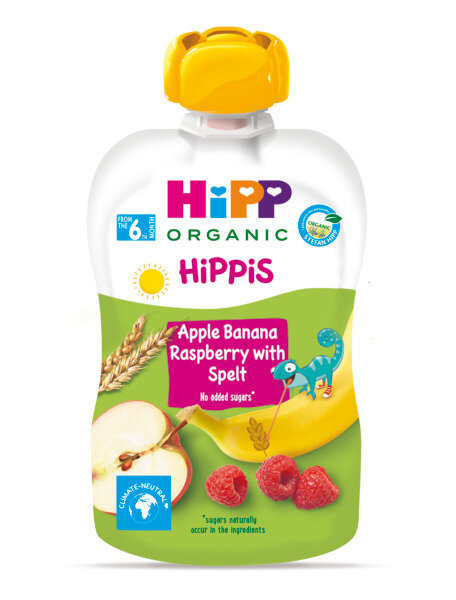 HIPP HIPPIS Био Плодова закуска пауч Ябълка, банан, малина със спелта 6+ месеца, 100 г