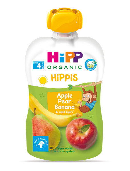 HIPP HIPPIS Био Плодова закуска пауч Ябълка, круша и банан 4+ месеца, 100 г
