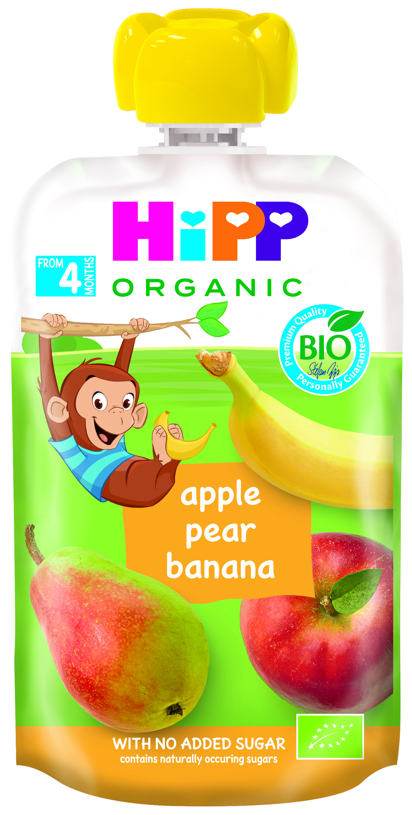 HIPP HIPPIS Био Плодова закуска пауч Ябълка, круша и банан 4+ месеца, 100 г