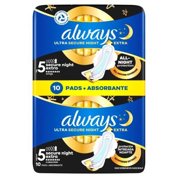 ALWAYS ULTRA DUO SECURE NIGHT EXTRA Дамски превръзки, 10 бр.