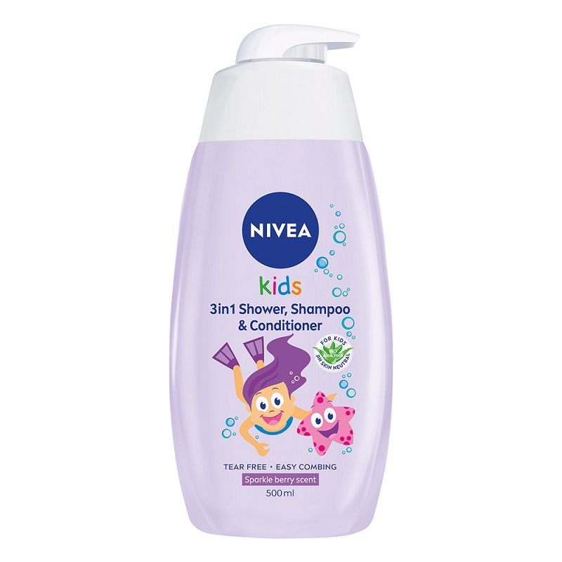 NIVEA KIDS SPARKLE BERRY Детски 3 в 1 душ гел, шампоан и балсам,500мл