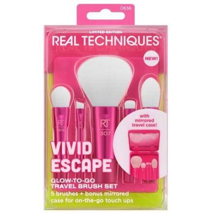 REAL TECHNIQUES GLOW-TO-GO TRAVEL BRUSH SET + MIRRORED COMPACT Комплект четки за грим