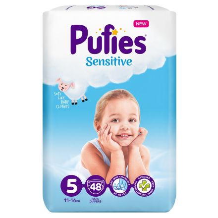PUFIES SENSITIVE MAXI PACK Бебешки пелени за еднократна употреба Junior размер 5, 11-16кг., 48 бр
