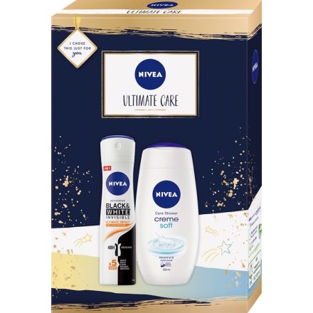 NIVEA ULTIMATE CARE Подаръчен комплект Deo Спрей дамски Invisible on Black & White ,150 мл+ Душ-гел Cr?me Soft,250 мл