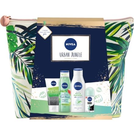 NIVEA URBAN JUNGLE Подаръчен комплект Лосион за тяло Aloe & Hydration, 250мл+Душ-гел Fresh Blends Watermelon, 300 мл+Deo Рол-он дамски Invisible Fresh, 50мл+Urban Detox Измиващ гел с глина, 150мл