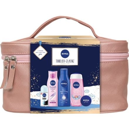 NIVEA TIMELESS CLASSIC Подаръчен комплект Deo Рол-он дамски Invisible on Black & White Pure,50 мл+ Душ гел Water Lily & Oil,250 мл+ Шампоан за блясък Hairmilk Natural Shine,250 мл+Крем,30 ml+Подхранващо мляко за тяло,250 мл