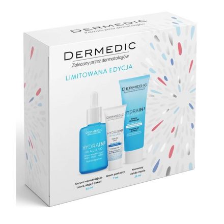 DERMEDIC HIDRAIN Подаръчен комплект Серум за лице, шия и деколте, 30 мл + Крем за зоната под очите, 7 мл + Кремообразен почистващ гел, 25 мл 