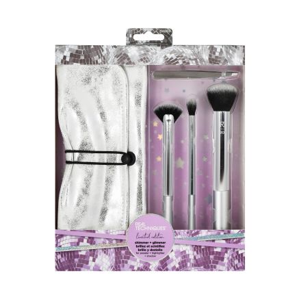 REAL TECHNIQUES SHIMMER + GLIMMER 4092 Комплект четки за грим 3бр. + несесер и пинсети