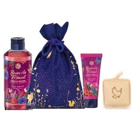 YVES ROCHER BAIES DE MINUIT Подаръчен комплект душ гел 400 мл + крем за ръце 75 мл + гъба за баня + сатенена торбичка