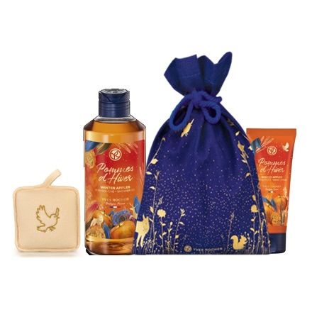 YVES ROCHER POMMES D'HIVER Подаръчен комплект душ гел 400 мл + крем за ръце 75 мл + гъба за баня + сатенена торбичка