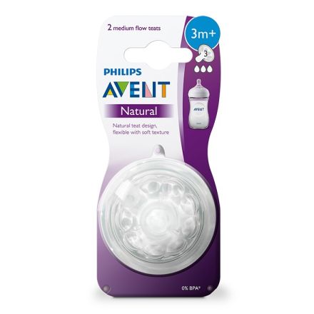 AVENT Биберон натурал медиум 3м+ 2 дупки и канал, 2бр.