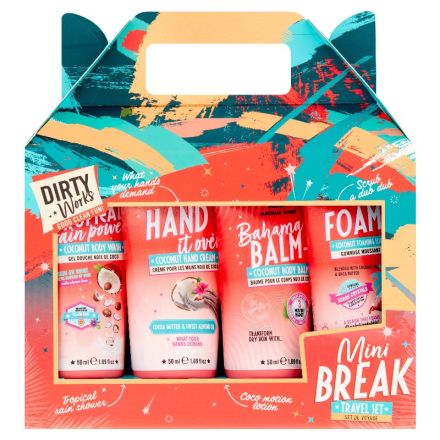 DIRTY WORKS MINI BREAK Подаръчен комлект  Скраб за тяло, 50 мл + Душ гел, 50 мл + Масло за тяло, 50 мл + Крем за ръце с аромат на кокос, 50 мл