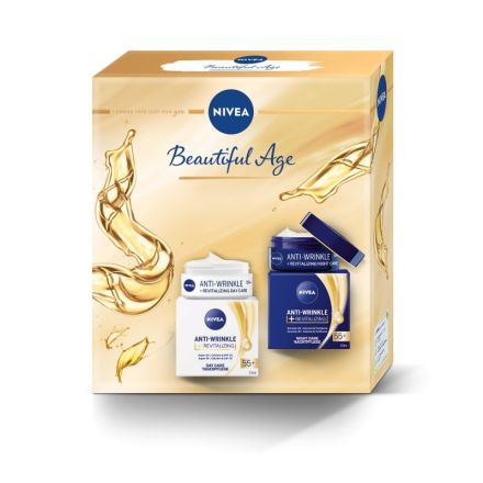 NIVEA BEAUTIFUL AGE Подаръчен комплект Възстановяващ дневен крем против бръчки  55+, 50 ml + нощен крем против бръчки  55+, 50 ml