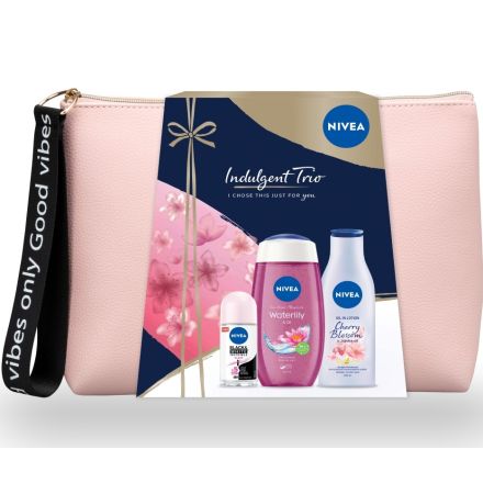NIVEA INDULGENT TRIO Подаръчен комплект Дeo Рол-он Invisible on Black & White Clear, 50 ml + Лосион за тяло с масла Senses Cherry blossom & Jojoba , 200 ml + Душ гел Water Lily & Oil, 250 ml