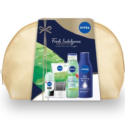 NIVEA FRESH INDULGENCE Подаръчен комплект Подхранващо мляко за тяло, 250 ml + Душ-гел Fresh Blends Watermelon, 300 ml + Дeo Рол-он Invisible on Black & White Fresh, 50 ml + Измиващ гел с глина, 150 ml