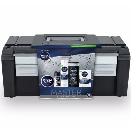 NIVEA MEN TOOLBOX Подаръчен комплект  Гел за бръснене Sensitive, 200 ml + Балсам за след бръснене Sensitive, 100 ml + Дeo Рол-он Invisible on Black & White Power, 50 ml + Душ-гел Active Clean, 250 ml + Крем за мъже, 75 ml