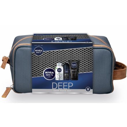 NIVEA MEN DEEP WASH Подаръчен комплект Балсам за след бръснене Skin & Stubble Beard, 125 ml + Измиващ гел за лице Deep, 100 ml + Дeo Рол-он мъжки Deep, 50 ml +  Крем за мъже, 75 ml