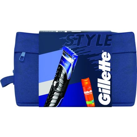 GILLETTE Подаръчен комплектТример Styler 3в1+Гел за бръснене Fusion, 200мл + несесер