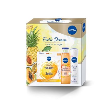 NIVEA EXOTIC DREAM Подаръчен комплект Део-спрей Original Care, 150 мл + Душ-гел Fresh Blends Apricot, 300 мл +  Q10 Energy Лист маска с коензим Q10 и Витамин C, 1 бр.