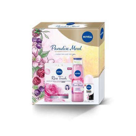 NIVEA PARADISE MOOD Подаръчен комплект Део-спрей Black & White Invisible, 150 мл +  Душ-гел Fresh Blends Raspberry, 300 мл +  Лист маска Rose Water, 1 бр.
