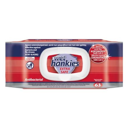 WET HANKIES EXTRA SAFE Антибактериални мокри кърпи, 63 бр.