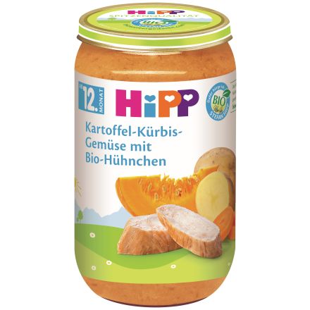 HIPP BIO Пюре Картофи, тиква и зеленчуци с пилешко месо 12+месеца 250 г