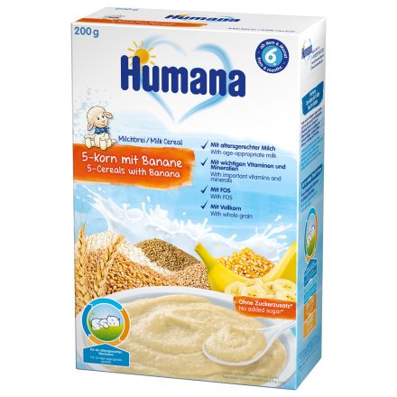 HUMANA Млечна инстантна каша 5 зърна с банани 6+ месеца, 200 г