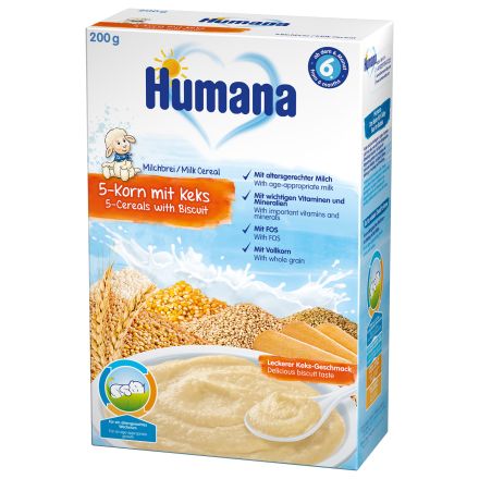 HUMANA Млечна инстантна каша 5 зърна с бисквитка от 6+ месеца, 200 г